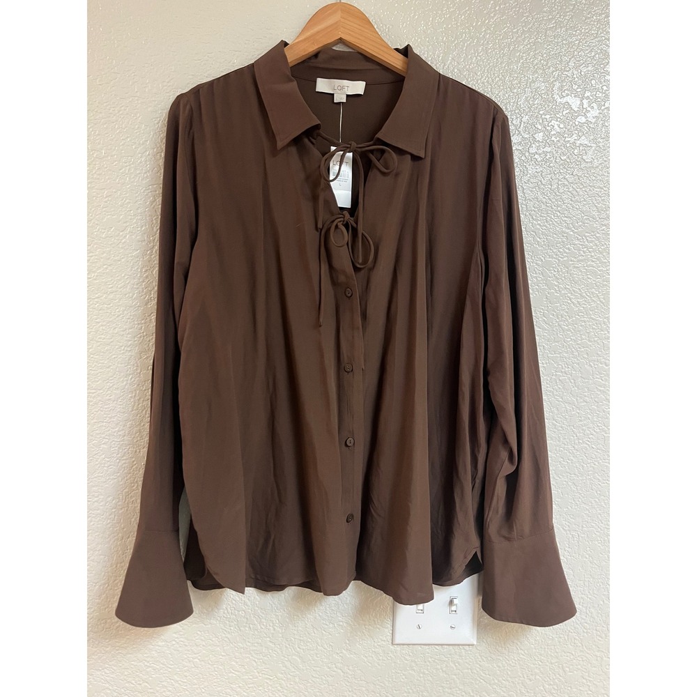 LOFT Women Brown Tie Neck Long Sleeve Blouse Top NWT Large 38226663
